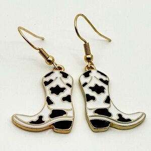 New Cowboy Boots Earrings Gold With Cow Print Cowgirl Rodeo Concert‎ Giddy-up